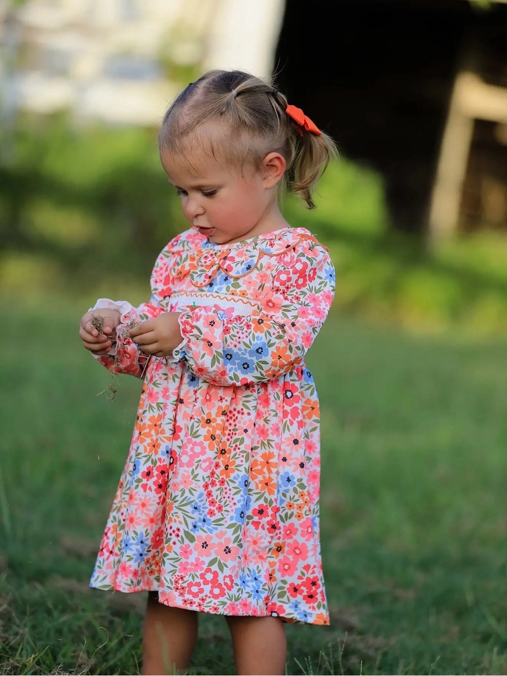 Rylee Faith Fall Thanksgiving Pumpkin Bow Smocked Embroidered Floral Dress